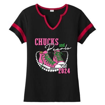 Chucks And Pearls Im With Her Kamala 2024 Ladies Halftime Notch Neck Tee