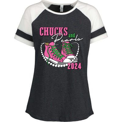 Chucks And Pearls Im With Her Kamala 2024 Enza Ladies Jersey Colorblock Tee