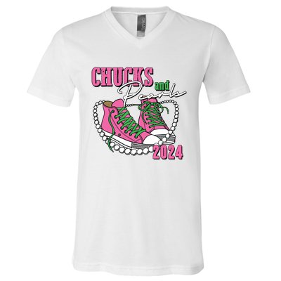 Chucks And Pearls Im With Her Kamala 2024 V-Neck T-Shirt