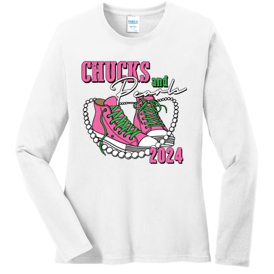 Chucks And Pearls Im With Her Kamala 2024 Ladies Long Sleeve Shirt