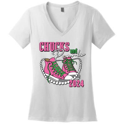 Chucks And Pearls Im With Her Kamala 2024 Women's V-Neck T-Shirt