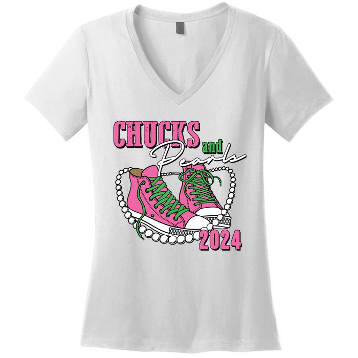 Chucks And Pearls Im With Her Kamala 2024 Women's V-Neck T-Shirt