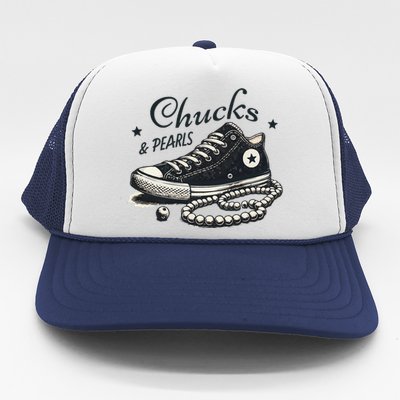 Chucks And Pearls IM With Her Kamala 2024 Retro Vintage Trucker Hat