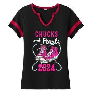 Chucks And Pearls IM With Her Kamala 2024 President Ladies Halftime Notch Neck Tee