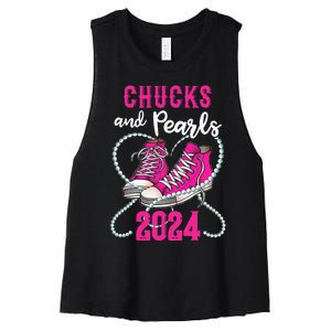 Chucks And Pearls IM With Her Kamala 2024 President Women's Racerback Cropped Tank