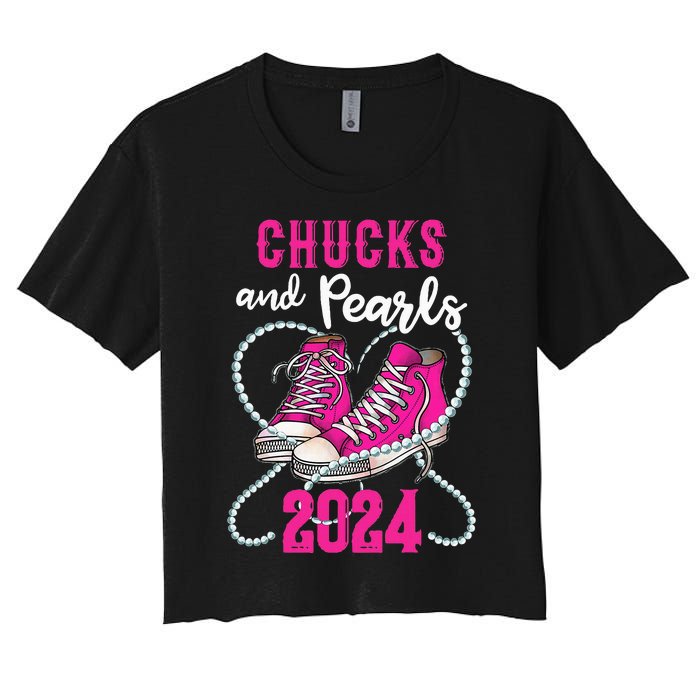 Chucks And Pearls IM With Her Kamala 2024 President Women's Crop Top Tee