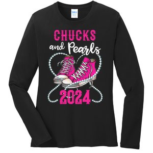 Chucks And Pearls IM With Her Kamala 2024 President Ladies Long Sleeve Shirt