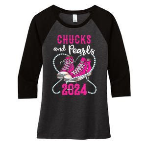 Chucks And Pearls IM With Her Kamala 2024 President Women's Tri-Blend 3/4-Sleeve Raglan Shirt