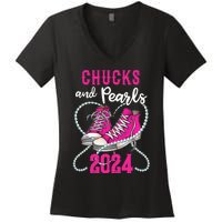 Chucks And Pearls IM With Her Kamala 2024 President Women's V-Neck T-Shirt