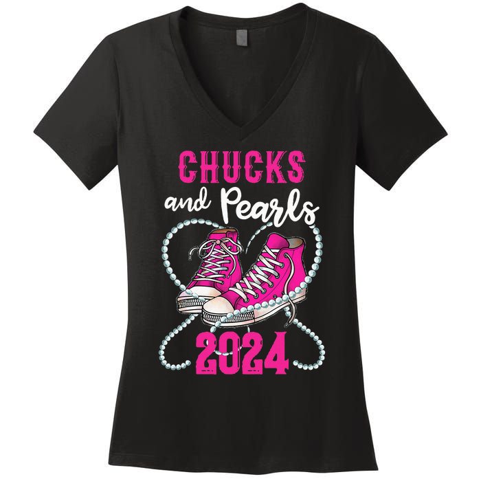 Chucks And Pearls IM With Her Kamala 2024 President Women's V-Neck T-Shirt