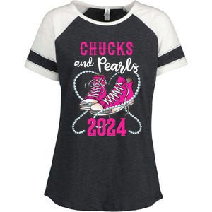 Chucks And Pearls IM With Her Kamala 2024 President Enza Ladies Jersey Colorblock Tee