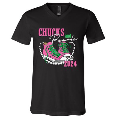 Chucks And Pearls IM With Her 2024 V-Neck T-Shirt