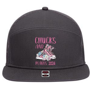 Chucks And Pearls 2024 Cute Women Gifts 7 Panel Mesh Trucker Snapback Hat