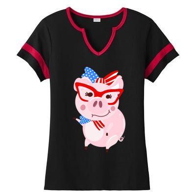 Cool American Pig Funny Pet Piggy United States Flag Gift Ladies Halftime Notch Neck Tee