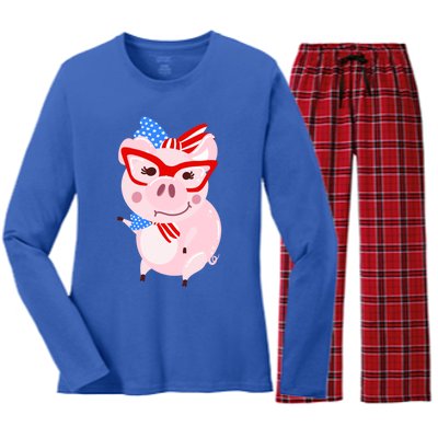 Cool American Pig Funny Pet Piggy United States Flag Gift Women's Long Sleeve Flannel Pajama Set 