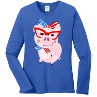 Cool American Pig Funny Pet Piggy United States Flag Gift Ladies Long Sleeve Shirt