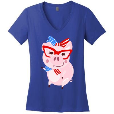 Cool American Pig Funny Pet Piggy United States Flag Gift Women's V-Neck T-Shirt