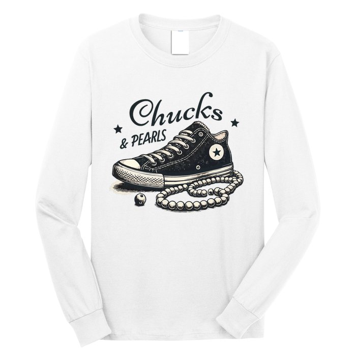 Chucks And Pearls IM With Her Kamala 2024 Retro Vintage Long Sleeve Shirt