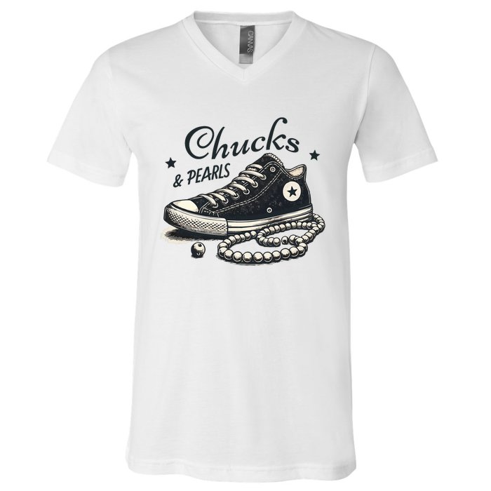 Chucks And Pearls IM With Her Kamala 2024 Retro Vintage V-Neck T-Shirt