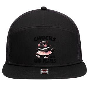 Chucks And Pearls Cute Black Cat Black History Proud Women 7 Panel Mesh Trucker Snapback Hat