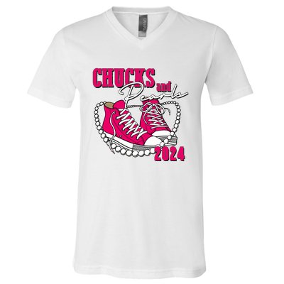 Chucks And Pearls IM With Her Kamala 2024 V-Neck T-Shirt