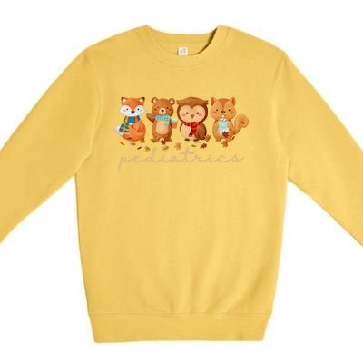 Cute Animals Pediatric Nurse Leaves Fall Thanksgiving Peds Premium Crewneck Sweatshirt