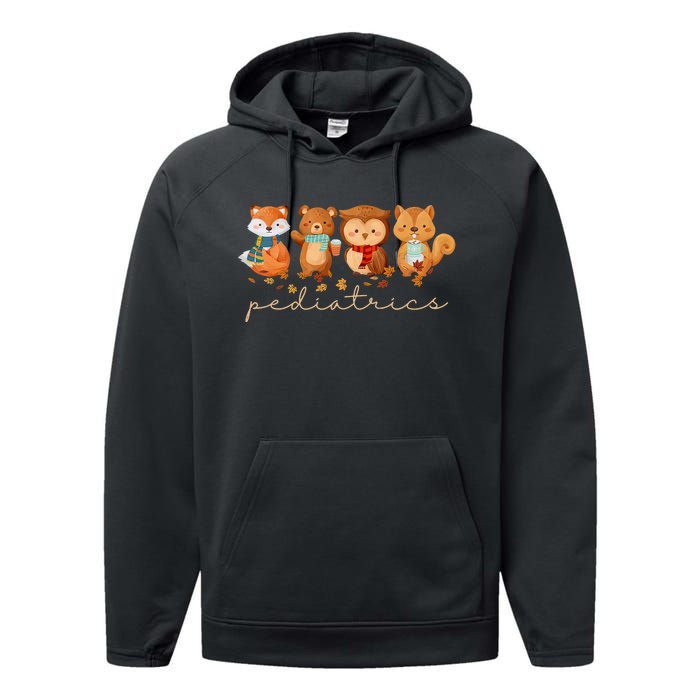 Cute Animals Pediatric Nurse Leaves Fall Thanksgiving Peds Performance Fleece Hoodie