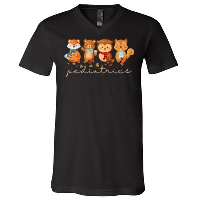 Cute Animals Pediatric Nurse Leaves Fall Thanksgiving Peds V-Neck T-Shirt