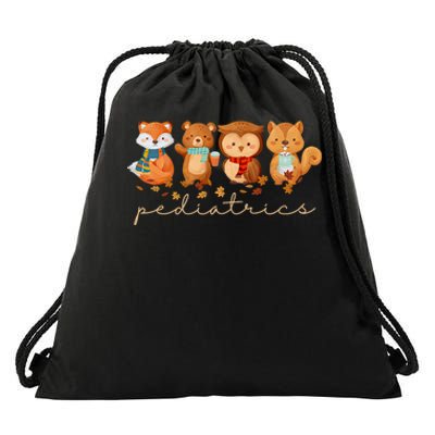 Cute Animals Pediatric Nurse Leaves Fall Thanksgiving Peds Drawstring Bag