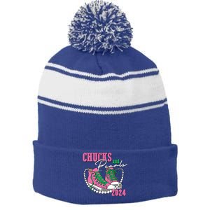 Chucks And Pearls Kamala Harris President 2024 Stripe Pom Pom Beanie