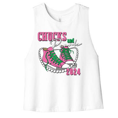 Chucks And Pearls Kamala Harris President 2024 Women's Racerback Cropped Tank