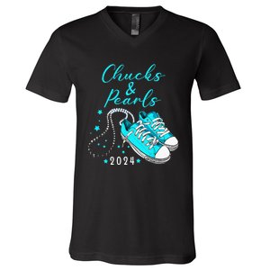 Chucks And Pearls 2024 Kamala Harris For President 47th V-Neck T-Shirt