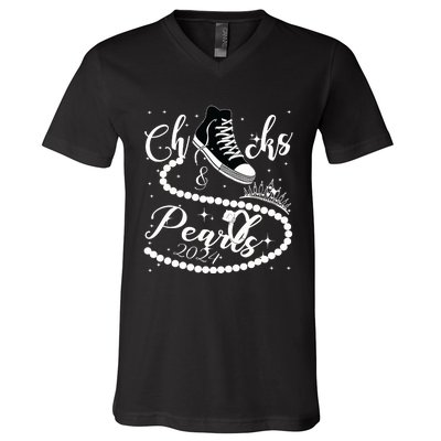 Chucks And Pearls 2024 Kamala Harris 2024 Vote For President V-Neck T-Shirt