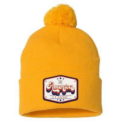 Classic American Patriotic Trucker Patch Pom Pom 12in Knit Beanie