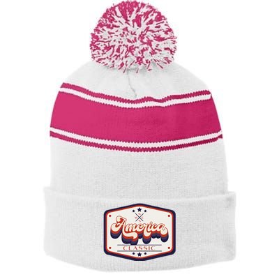 Classic American Patriotic Trucker Patch Stripe Pom Pom Beanie