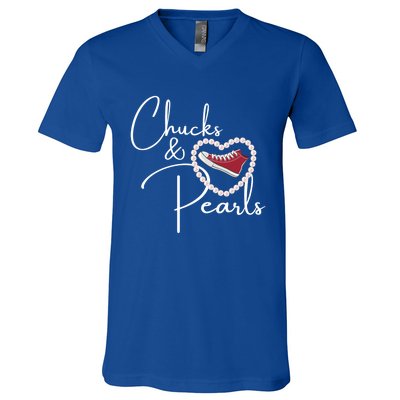 Chucks And Pearls 2021 Valentine Heart Hbcu Red Gift Great Gift V-Neck T-Shirt