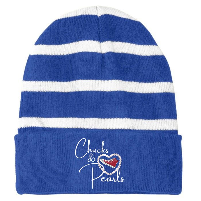 Chucks And Pearls 2021 Valentine Heart Hbcu Red Gift Great Gift Striped Beanie with Solid Band