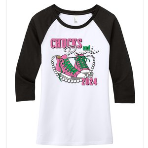 Chucks And Pearls IM With Her Kamala 2024 Women's Tri-Blend 3/4-Sleeve Raglan Shirt