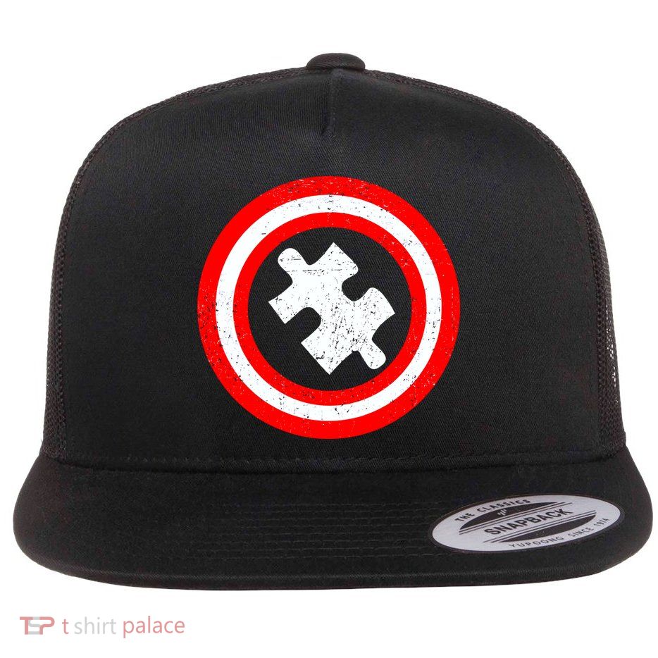 Captain Autism Distressed Shield Flat Bill Trucker Hat
