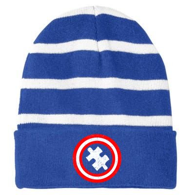 Captain Autism Distressed Shield Striped Beanie with Solid Band