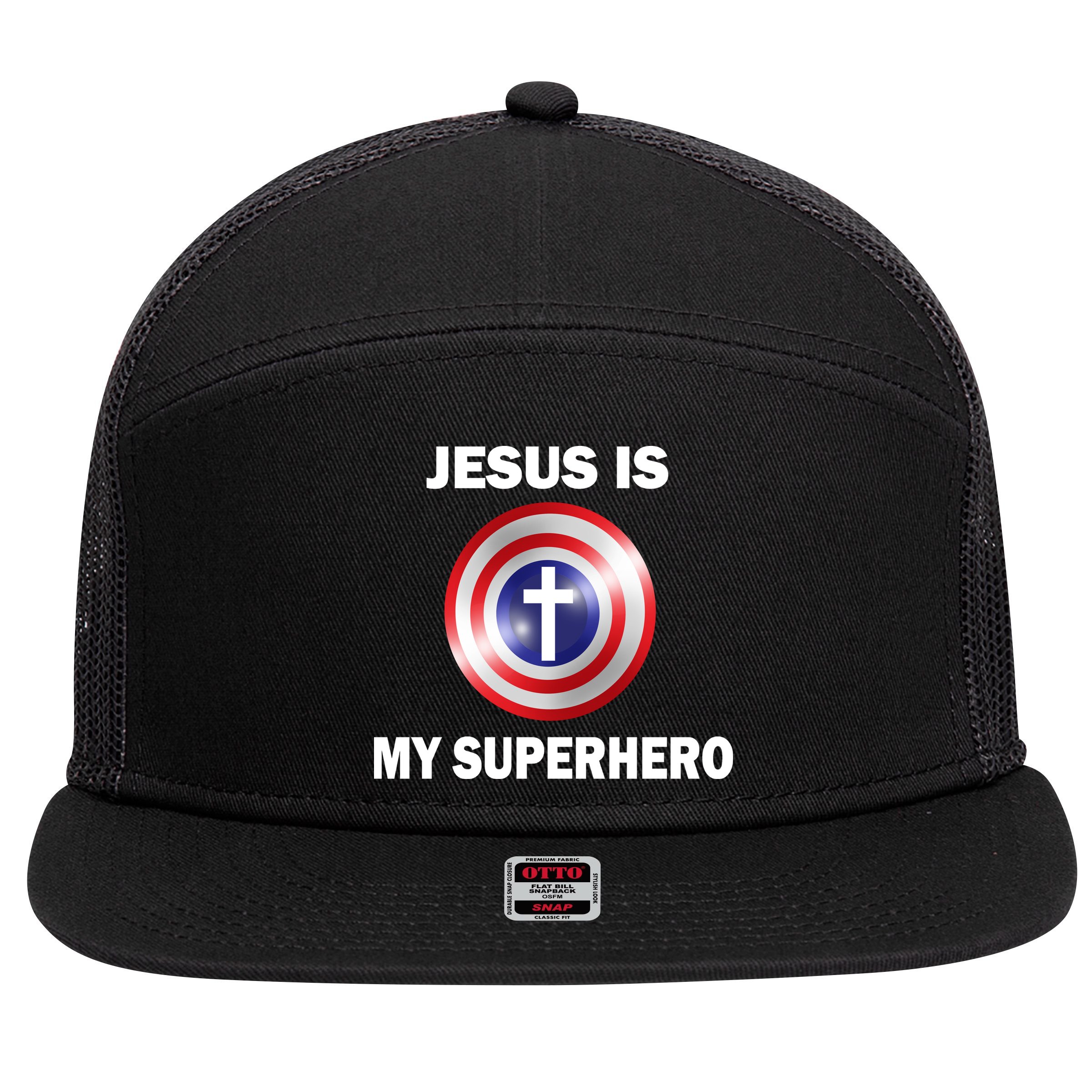 Captain Jesus Is My Superhero Cross Logo 7 Panel Mesh Trucker Snapback Hat