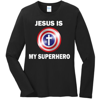 Captain Jesus Is My Superhero Cross Logo Ladies Long Sleeve Shirt