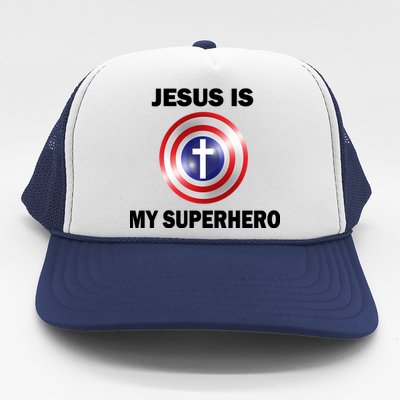 Captain Jesus Is My Superhero Cross Logo Trucker Hat