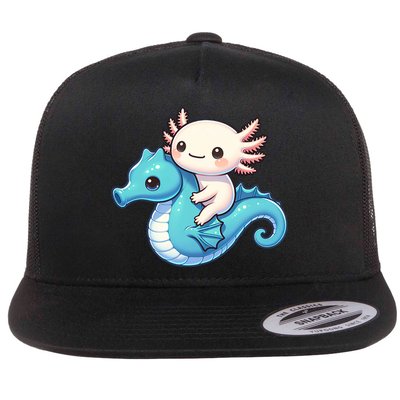 Cute Axolotl Riding A Seahorse. Funny Axolotls And Seahorses Flat Bill Trucker Hat