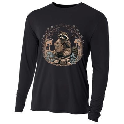 Cottagecore Aesthetic Raccoon Playing Banjo Vintage Racoon Cooling Performance Long Sleeve Crew