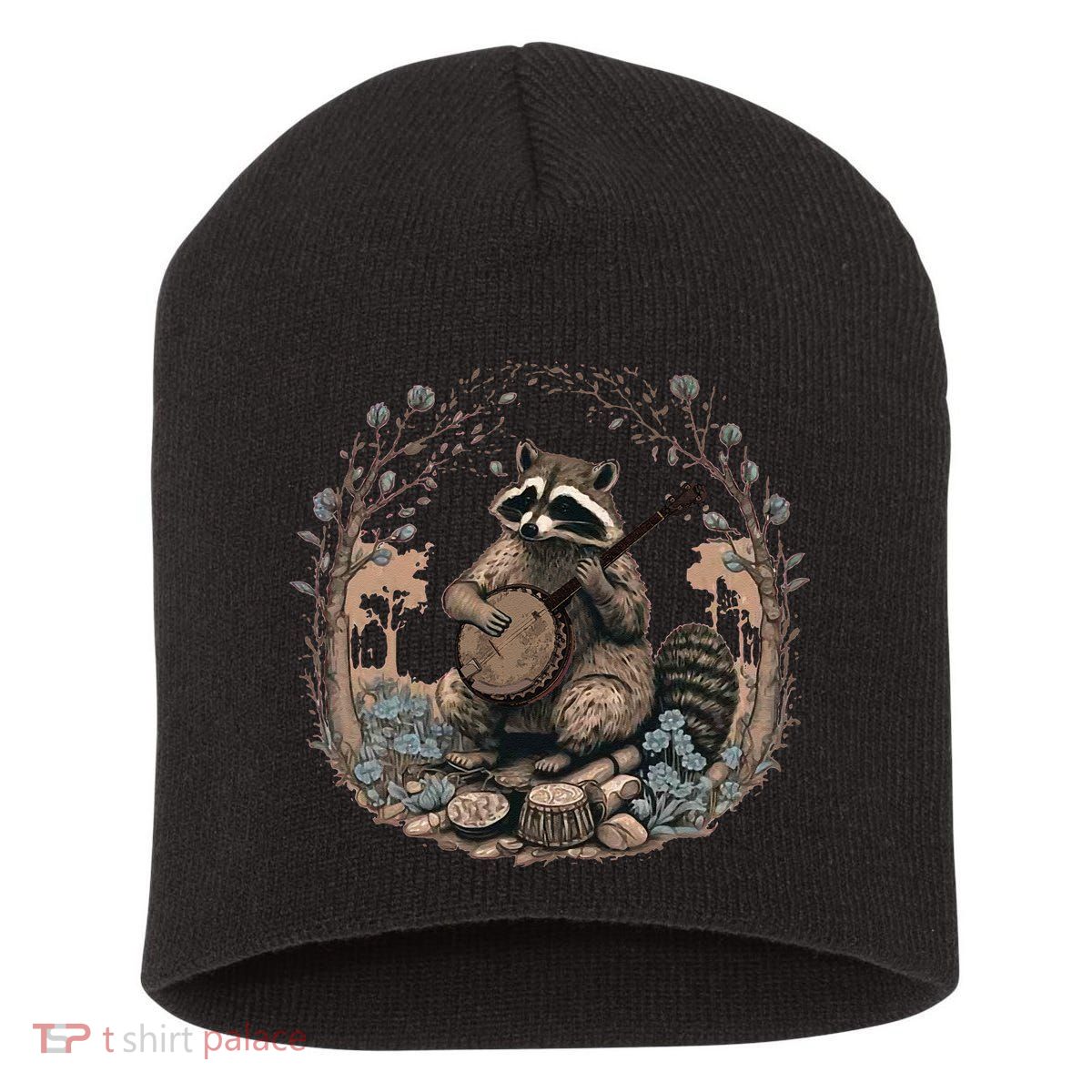 Cottagecore Aesthetic Raccoon Playing Banjo Vintage Racoon Short Acrylic Beanie