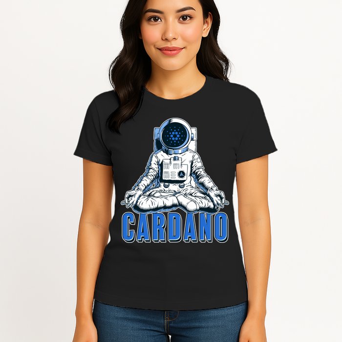 Cardano Mediating Yoga Astronaut Crypto Currency Womens T-Shirt