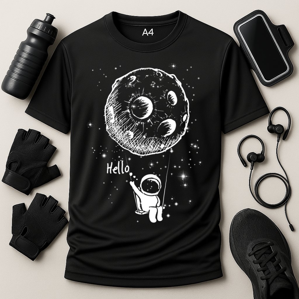 Cartoon Astronaut Moon Swing Cooling Performance Crew T-Shirt