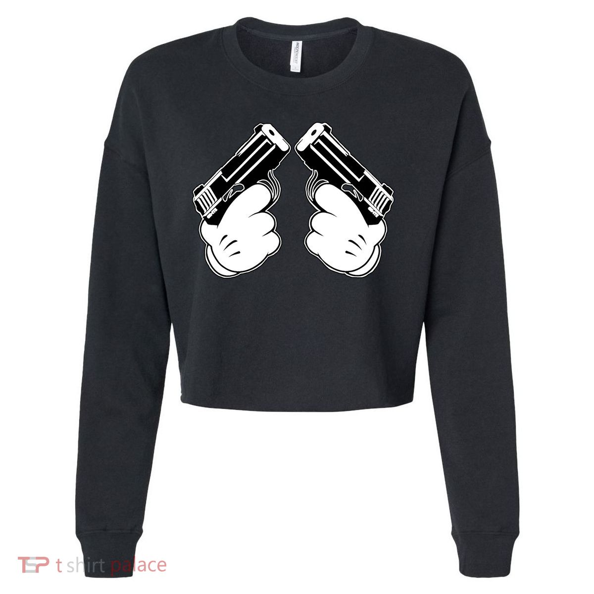 Cartoon Guns Hands Pistol Cropped Pullover Crew