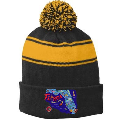 Cartoon Map of Florida Stripe Pom Pom Beanie